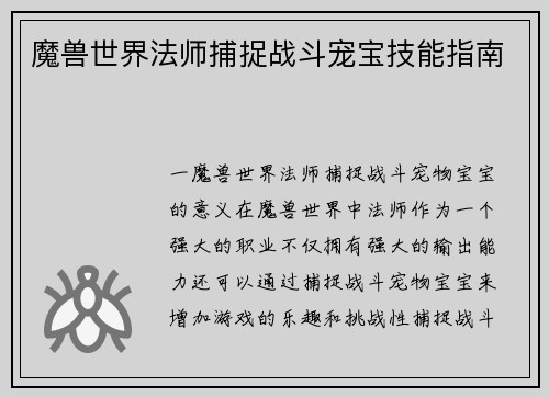 魔兽世界法师捕捉战斗宠宝技能指南