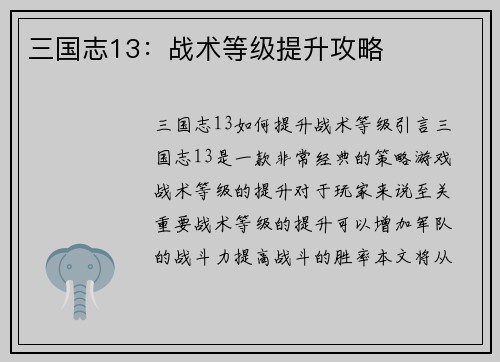 三国志13：战术等级提升攻略